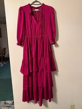 MELLODAY Fuchsia Tiered Maxi Dress with Ruffle Trim